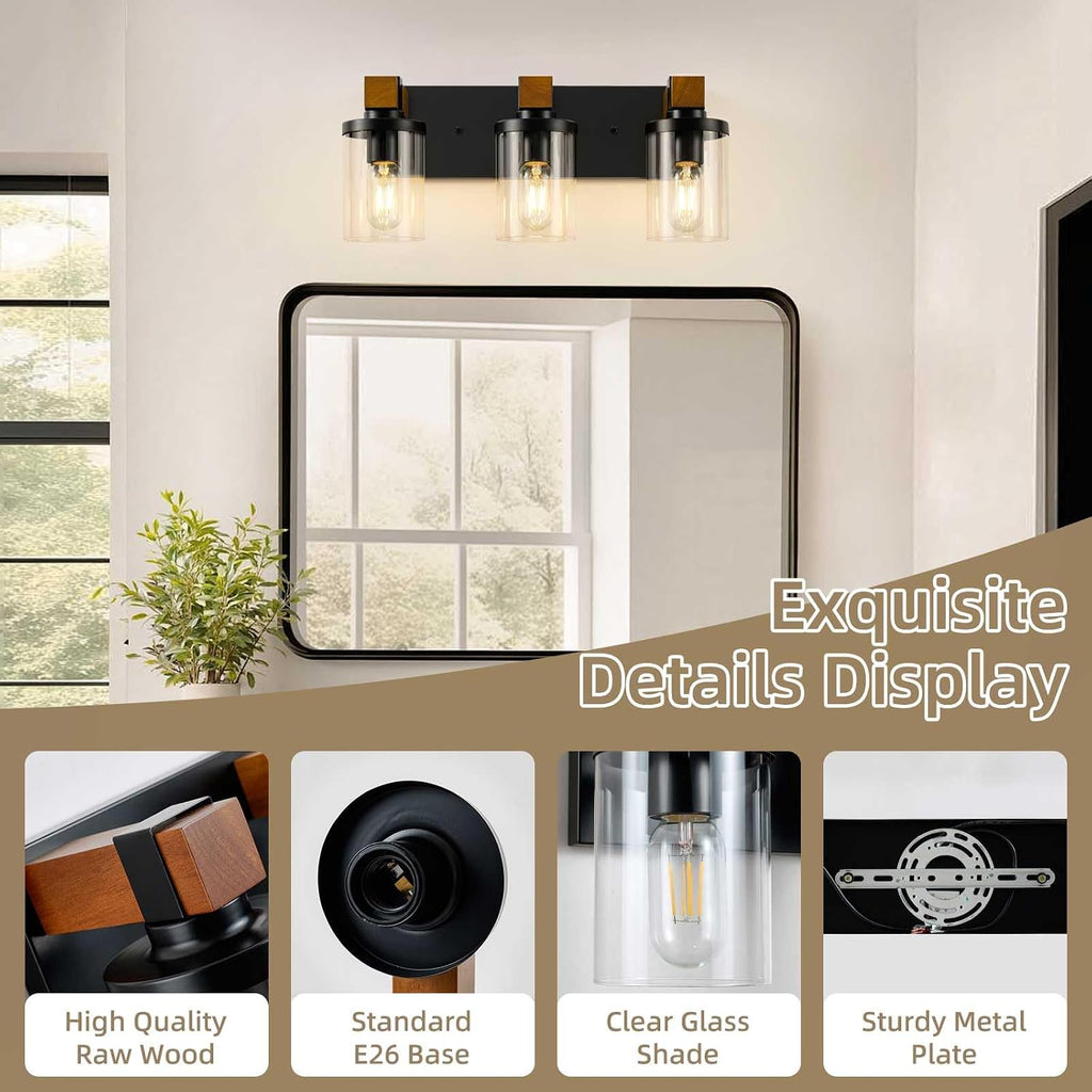 3-Light Farmhouse Bathroom Light Fixtures, Black Bathroom Vanity Light Fixtures Over Mirror, Rustic Sconces Wall