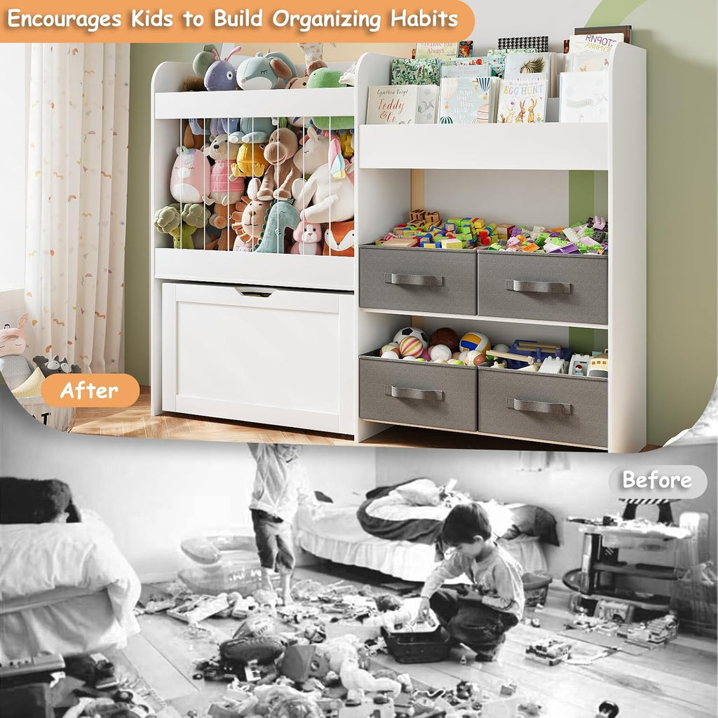 51.1" W Large Toy Storage Organizer with Stuffed Animal Storage, Kids Bookshelf with 4 Removable Toy Bins, Movable