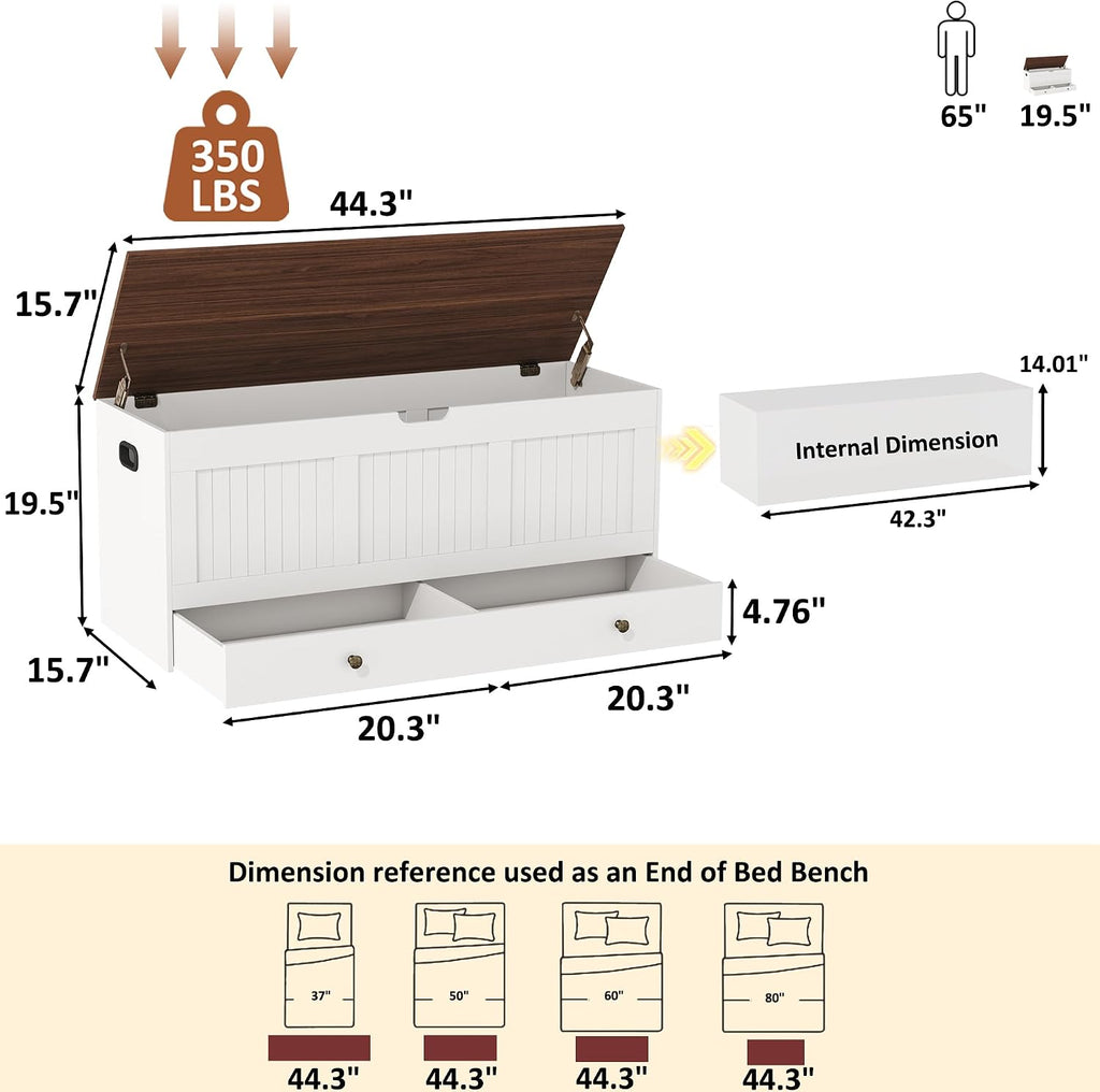 44.3" Storage Chest with 2 Drawers, Retro Wooden Storage Trunk with 2 Safety Hinges,Large Shoe Bench with Storage