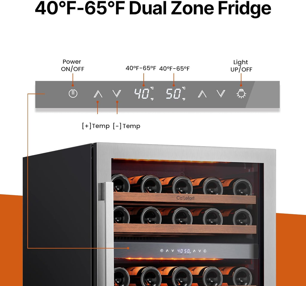 Wine Fridge & Cooler - 24 Inch 52 Bottle Wine Cooler Refrigerator, 40-65°F Dual Zone Wine Refrigerator Glass Door