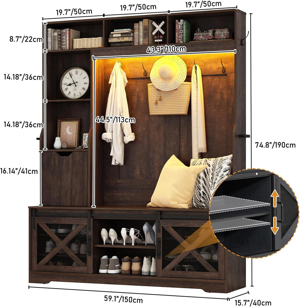 75''H 59''W Large LED Farmhouse Hall Tree with Bench and Shoe Storage,Entryway Bench with Coat Rack,16 Shoe Cubbies &