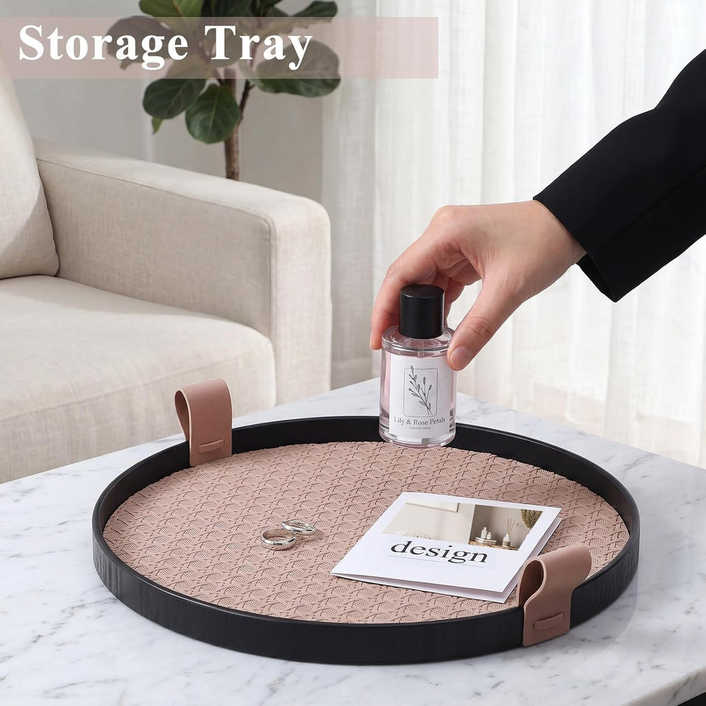 12 Inch Round Ottoman Tray, Woven Leather Serving Platter with Handles, Decorative Tray for Coffee Table Centerpiece