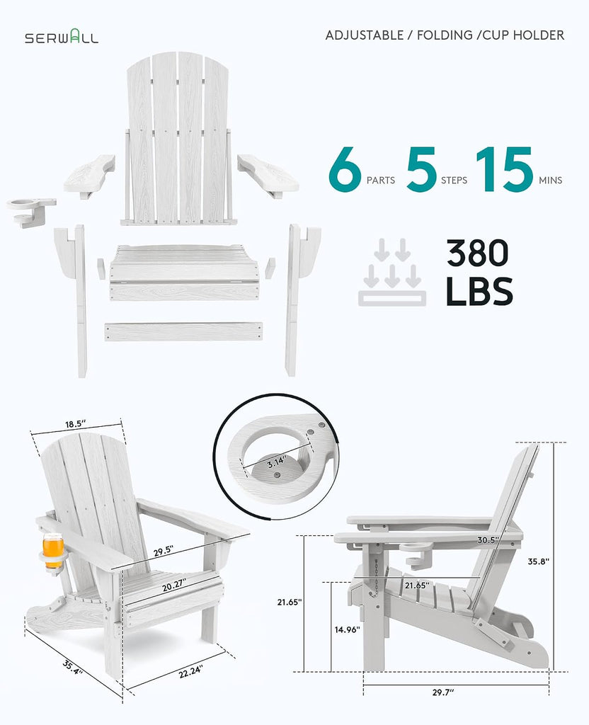 Folding Adjustable Adirondack Chairs Set of 2, Cup Holders, White | Adirondack Chair with 3 Recline Positions, All