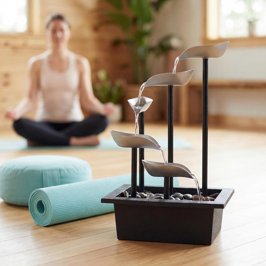 Tabletop Water Fountain, Modern Indoor Waterfall Feature with LED Light, Soothing Zen Desktop Fountain Bedroom