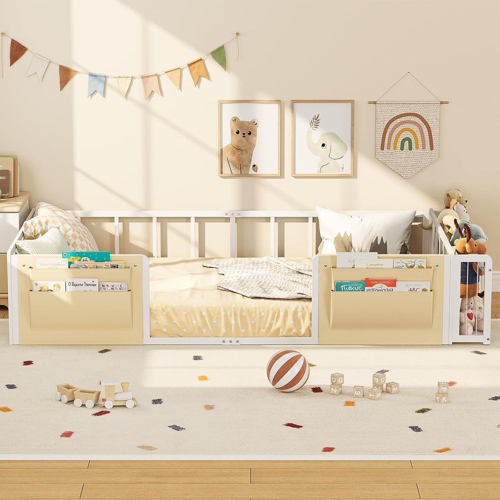 Montessori Twin Floor Bed with Stuffed Animal Storage and Caddy | Boys and Girls,Rail Fence,Metal Frame,No Box Spring