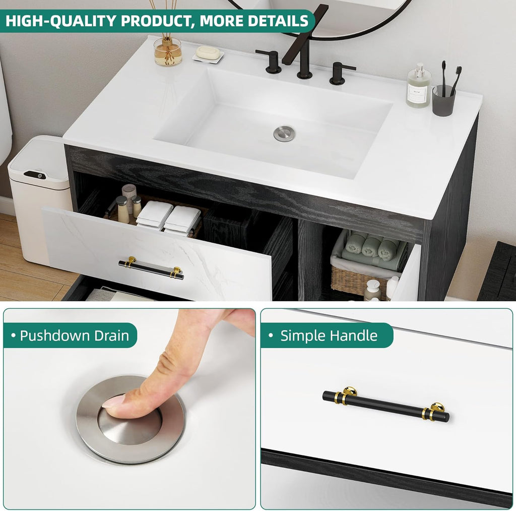 36 Floating Vanity with Sink, Wall Mounted Bathroom Cabinet Vanity with Soft-Close System Cabinet, Marble Pattern
