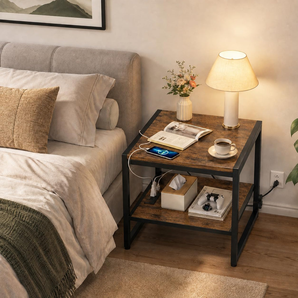 End Table with Charging Station, Mini Fridge Stand, Rustic Brown