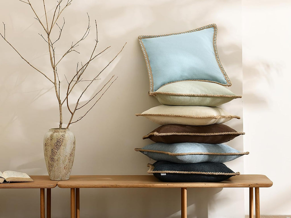 Set of 2 Farmhouse Throw Pillow Covers - Burlap Linen Trimmed Tailored Edges Decorative Cushion Covers, 18 x 18, Blue