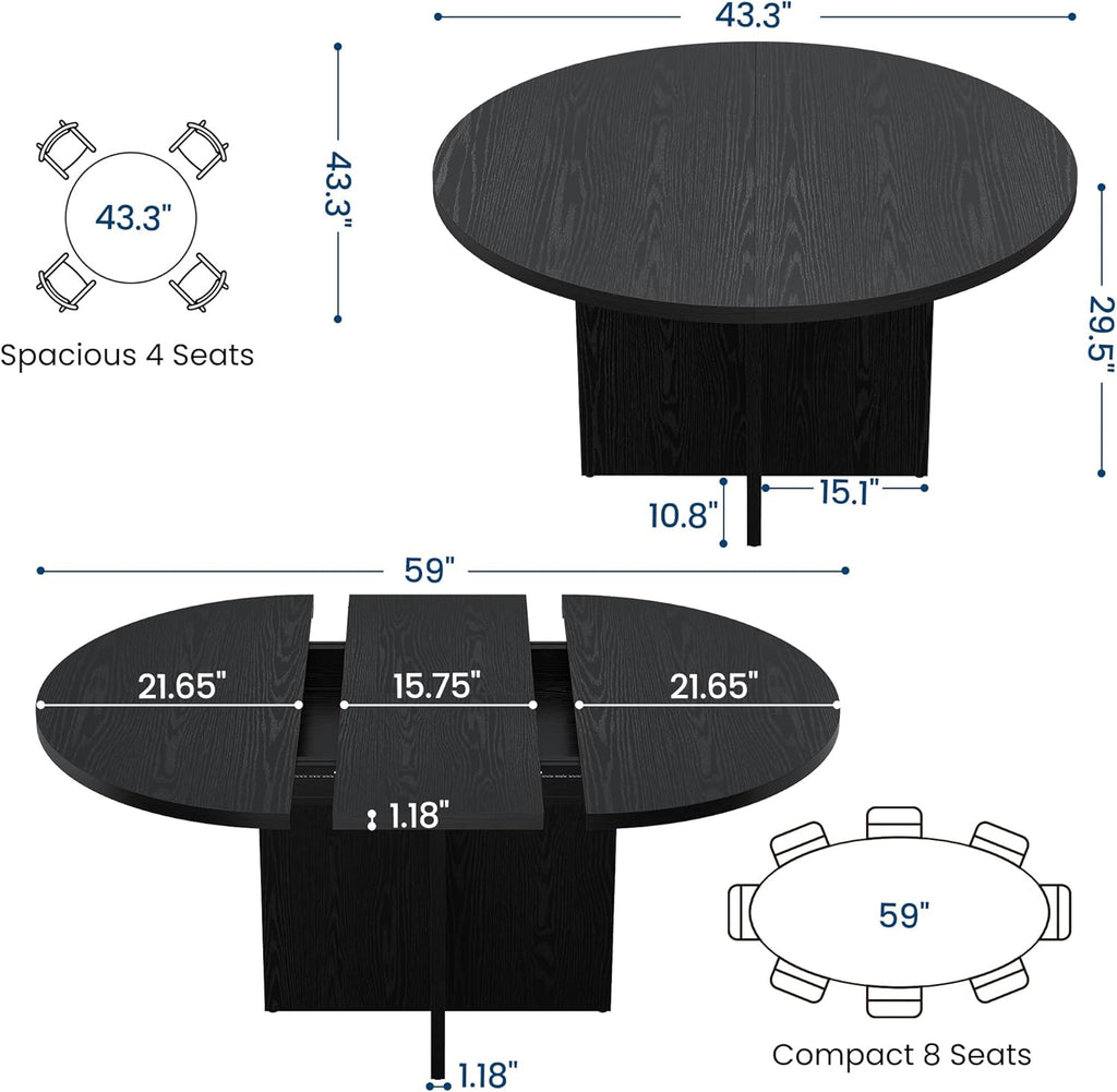 43.3''-59'' Extendable Round Dining Table for 4-8, Modern Kitchen Oval Dining Table with Removable Leaves, Dinner