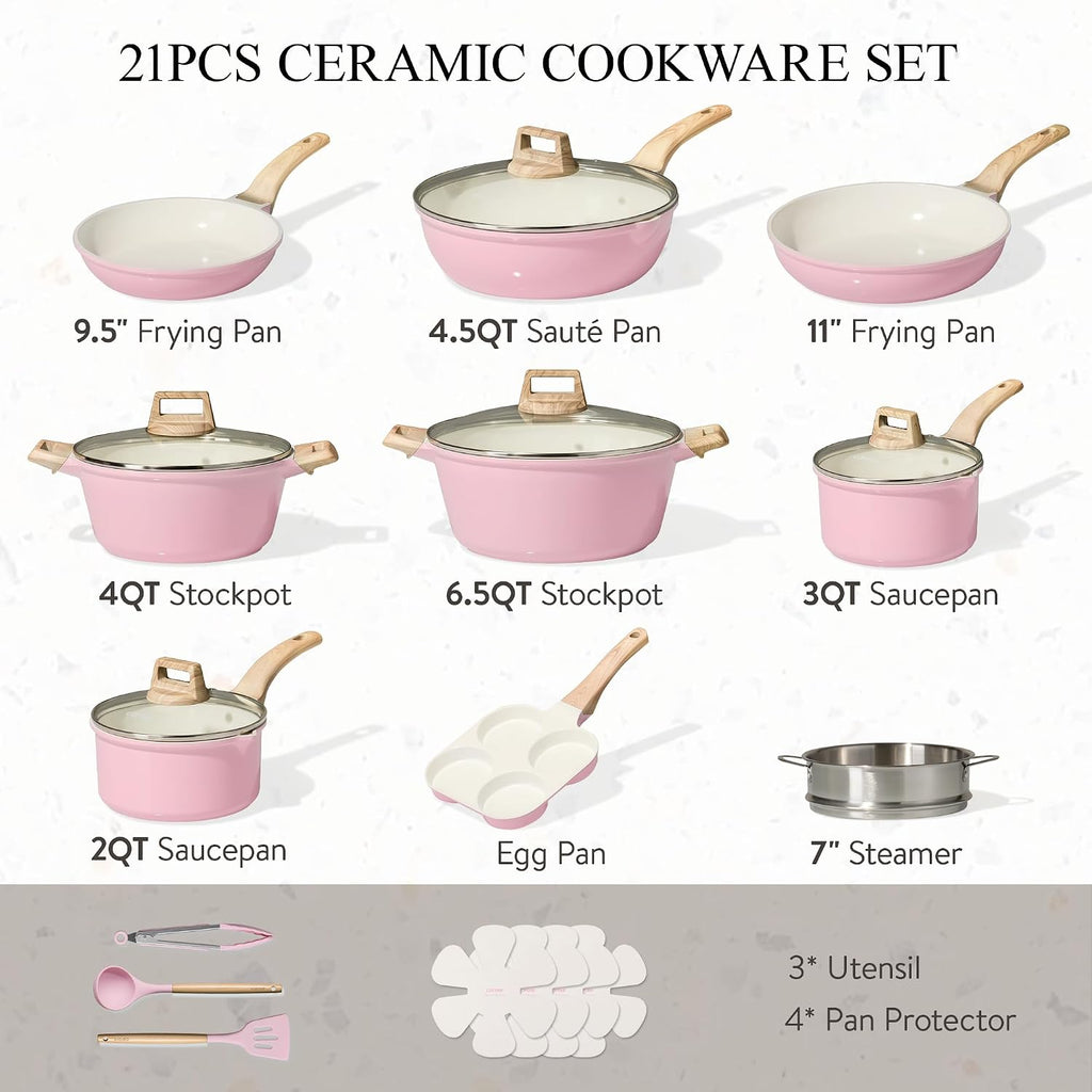 21pcs Ceramic Cookware Set, Pots and Pans Set, Pink | Non-Toxic, Healthy Kitchen set, All-Stovetop Compatible, Easy
