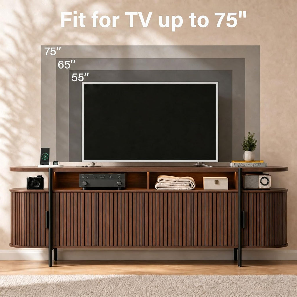 69" Mid Century Modern TV Stand, Curved Entertainment Center with LED Light & Power Outlet, Fluted Wood TV Stand for TVs up to 80'',Media TV Console Table with Sliding Doors for Living Room, Walnut