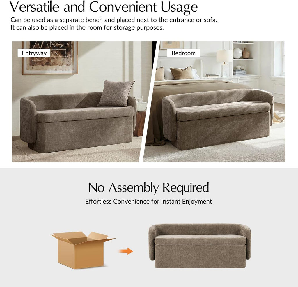 61" Bedroom Storage Bench with Low Backrest, Saddle | Upholstered Chenille End of Bed Bench, Large Storage Ottoman