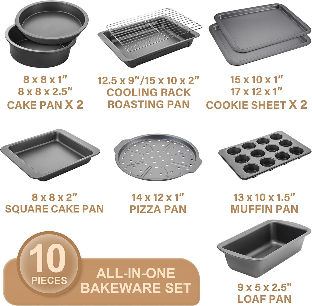 Bakeware Sets, Pans Set, Nonstick Oven Pan with Wider Grips, 10 Pieces Including Rack, Cookie Sheet, Cake Pans, Loaf