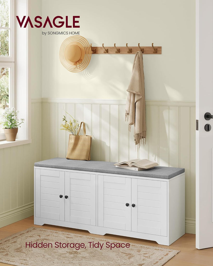 Shoe Storage Bench with Cushion, 3-Tier Entryway Bench with Padded Seat, Doors, Adjustable Shelves, 14 x 47.6 x 20.7