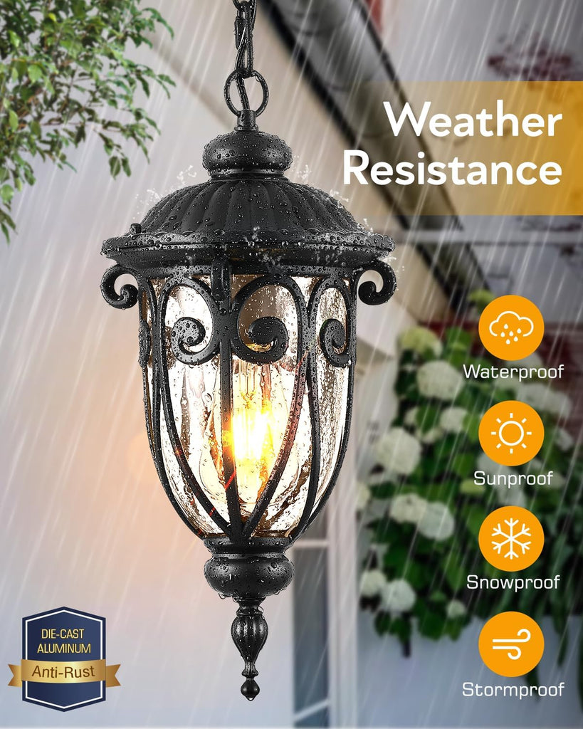 Black Outdoor Pendant Light Lantern, Modern Outdoor Chandelier, Outdoor Lamp Post Light with Outlet