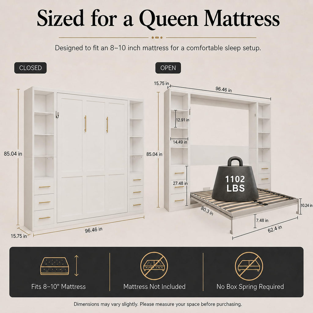 Queen Murphy Bed with Side Storage Cabinets, White Space-Saving Wall Bed
