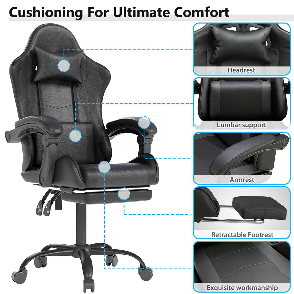 Gaming Chair with Headrest and Footrest, Black