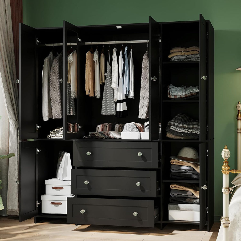 71" Armoire Wardrobe Closet with Drawers and Mirror, 6 Doors | Clothing Storage Cabinet with Hanging Rod, Wooden