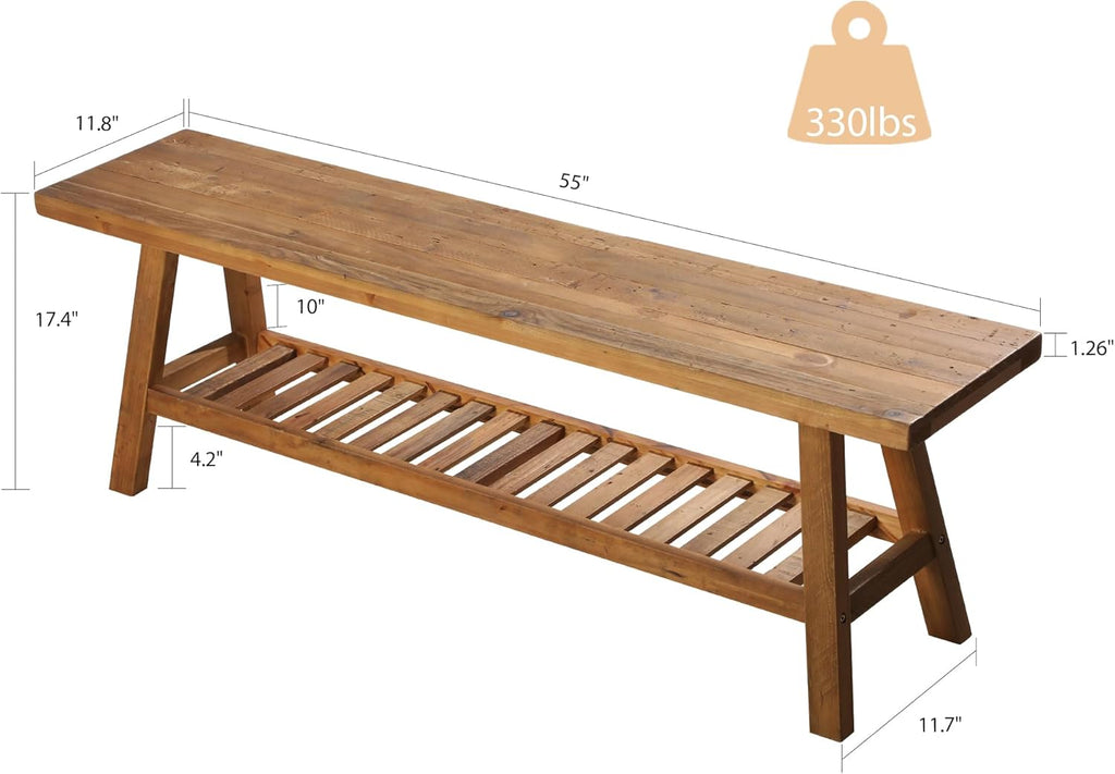 Reclaimed Solid Wood Bench-55 Inches Farmhouse Entryway Bench with Storage Shelf, Narrow Rustic Bench , Dining