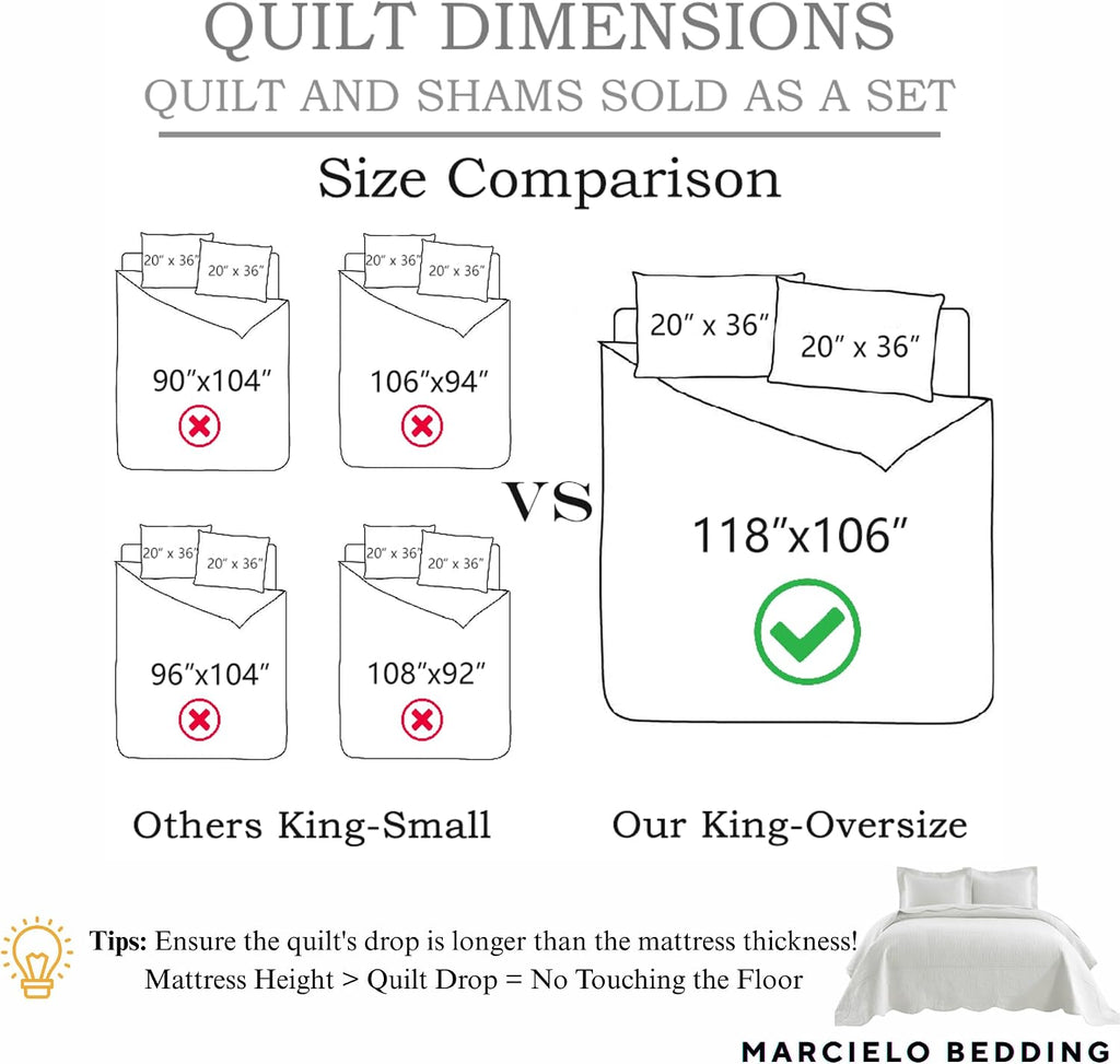 3-Piece 100% Cotton Oversized Bedspread Lightweight Quilt Coverlet Embroidery Farmhouse Bedding Set T0 (Bright White