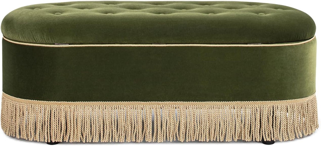 Elara 48.5" Oval Tufted Bullion Fringe Storage Bench, Olive Green Performance Velvet