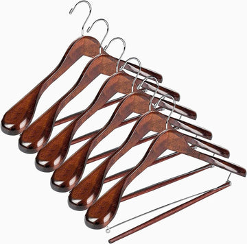 Wide Shoulder Wooden Suit Hangers with Non-Slip Pants Bar & 360° Swivel Hook - Smooth Finish Coat Hangers for Men and