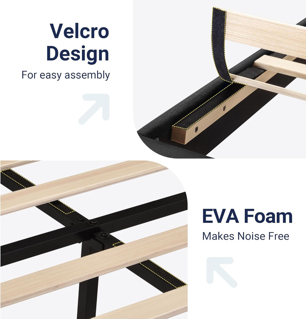 Full Platform Bed Frame with Fabric Upholstered Headboard and Wooden Slats Support