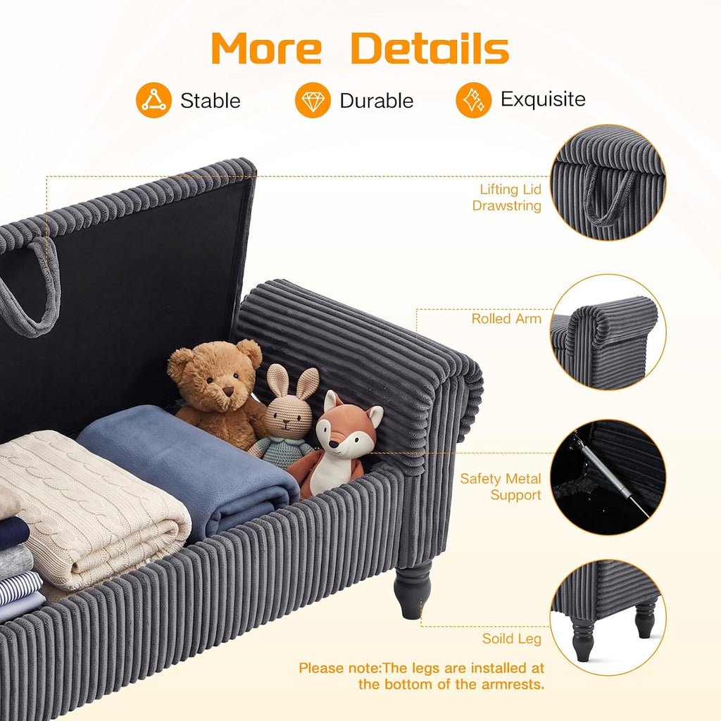 55" Corduroy Bench End of Bed, End of Bed Bench with Storage, Bed Benches with Rolled Arms, Upholstered Storage Bench