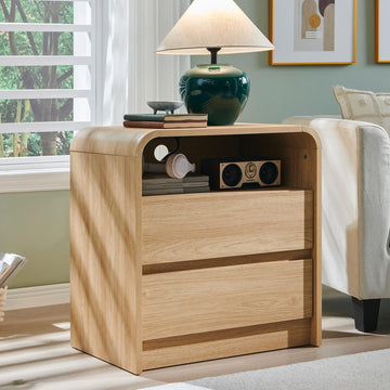 25" Tall Modern Nightstand with Charging Station, 23.6'' Wide Wood Bedside Table w/2 Storage Drawers, Large Mid