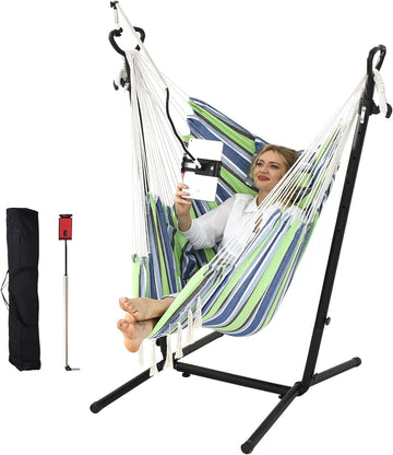 Hammock Chair with Stand Double Hammock Chair Bohemian Style with Tassel Mobile Phone Support Manual Adjustable Swing