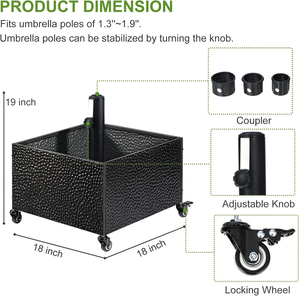 Heavy-Duty Metal Umbrella Base Stand with Wheels, 150lb Capacity Portable Fillable Planter - Black - S5NQ