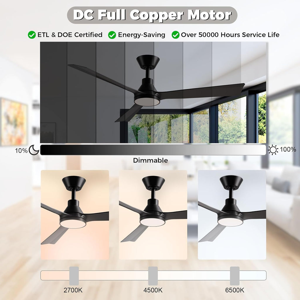 52 Inch Ceiling Fans with Lights and Remote, ETL Quiet Reversible DC Full Copper Motor, 2 Downrods, 3 CCT Dimmable, 6 Speeds Outdoor Ceiling Fans for Patios Porch Bedroom Living Room Black