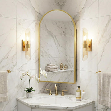 LED Corner Medicine Cabinet with Mirror, One-Touch Defogger, Arched Wall Mount Corner Bathroom Mirrored Cabinets