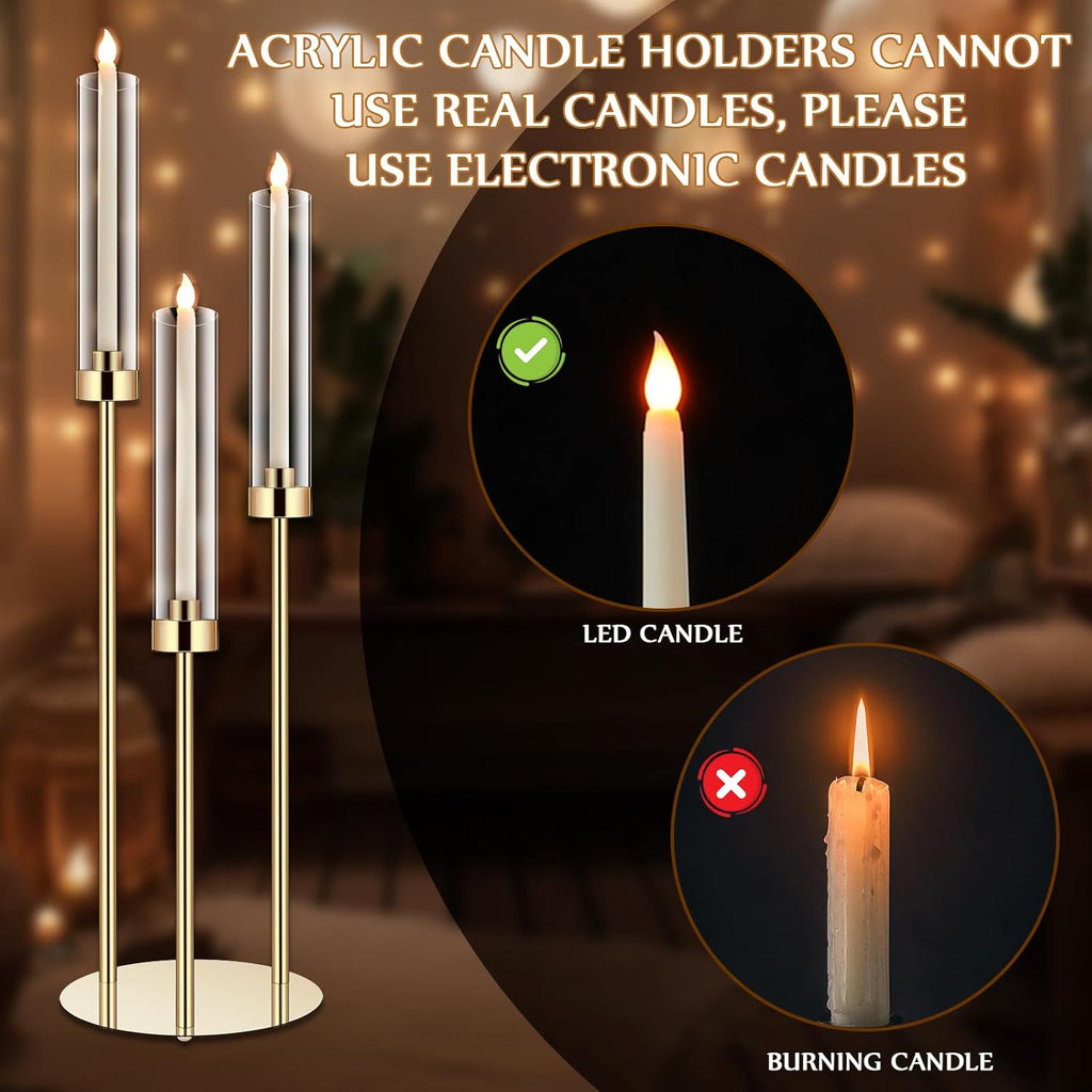 6 Set Wedding Gold Candelabra Centerpieces for Tables, 3 Arm Tall Acrylic Candle Holder Centerpiece with Clear Shades
