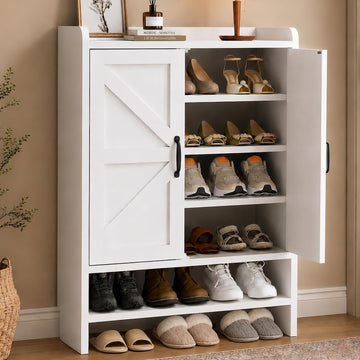 Shoe Cabinet with 2 Barn Doors, 4-Tier Modern Shoe Storage Cabinet, White