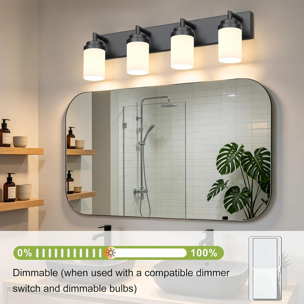 Bathroom Light Fixtures, Matte Black Bathroom Lighting Fixtures Over Mirror, Modern Vanity Light with White Glass