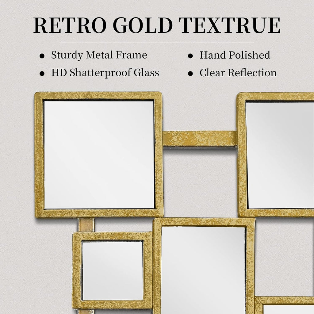 Gold Modern Wall Mirror - 45"×30" Large Metal Framed Decorative Mirror, Unique Mosaic Design Wall Mirrors Entryway