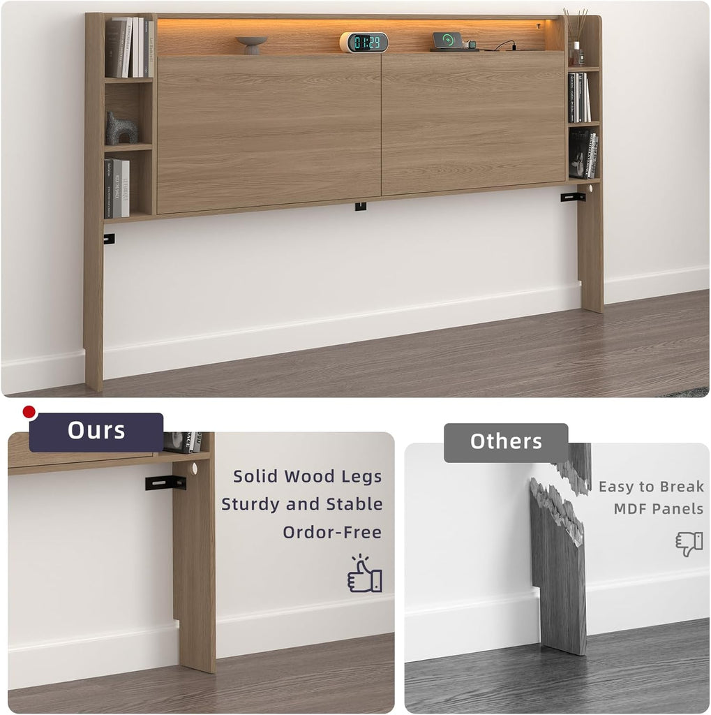 King Wall Mount Solid Wood Leg Headboard with Storage | Headboard Only,USB Charging,Rgb Light,Modern
