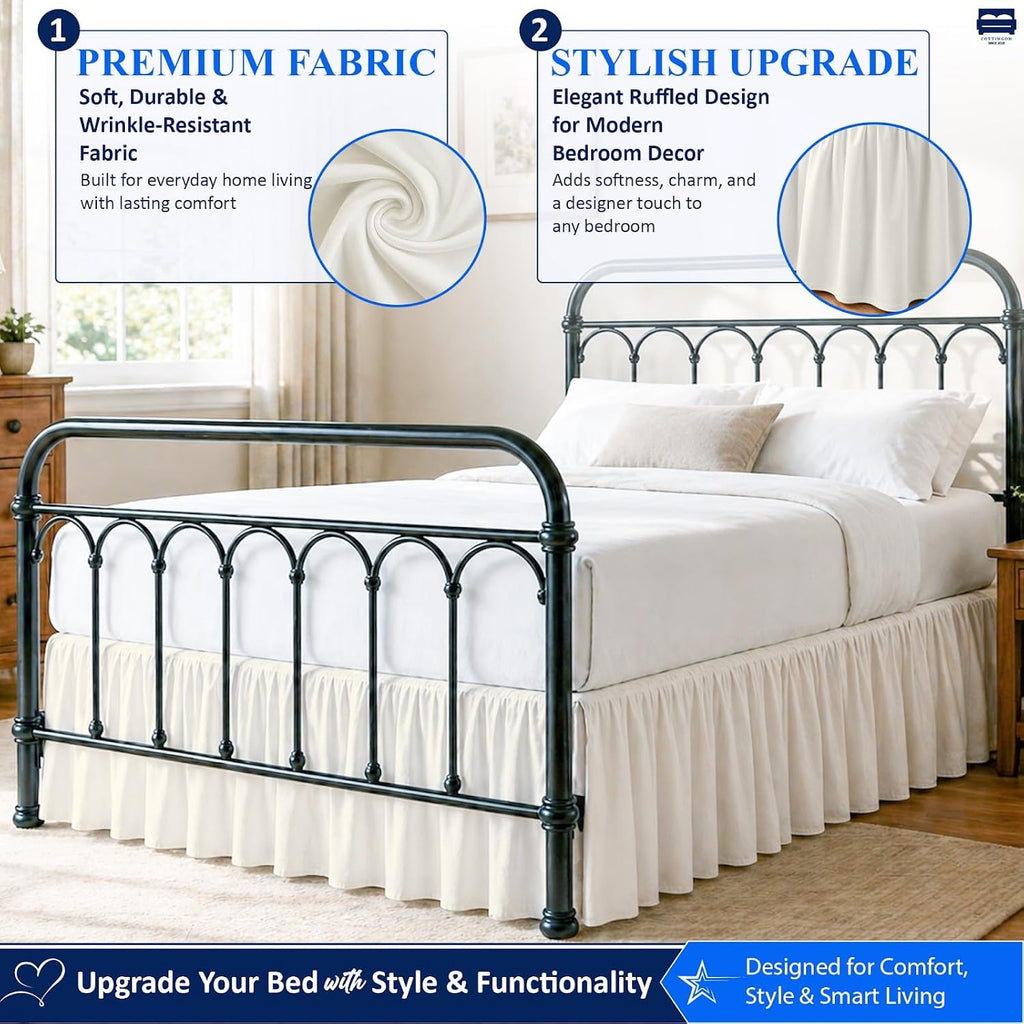 Ruffled Bed Skirt Queen 15-Inch Drop with Split Corners, Ivory