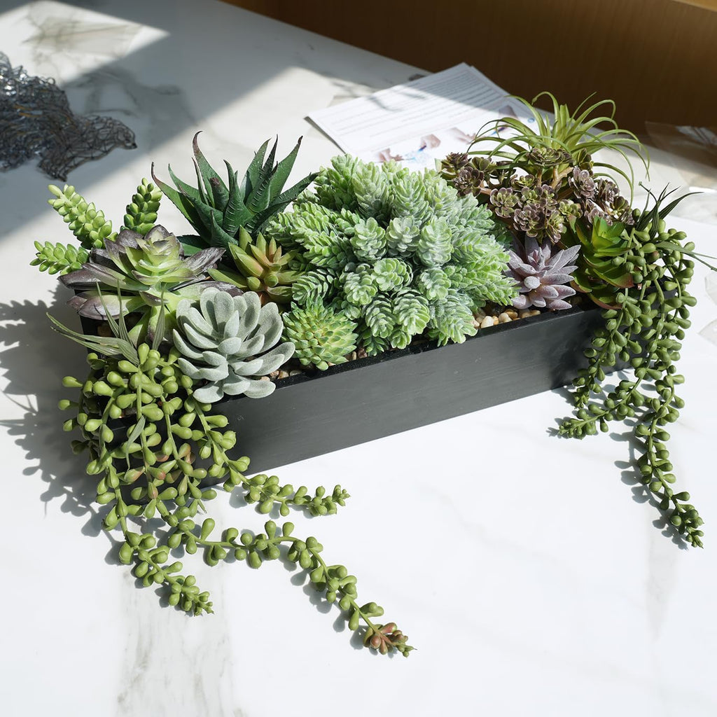 15" Artificial Succulents Arrangement Faux Succulents in Rectangular Black Wooden Planter Box Faux Potted Succulents