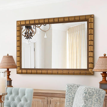 Vintage Warm Gold Mirror, 39'' x 27'' Solid Wood Mirror Frame with Vintage Bamboo Design, Decorative Mirrors