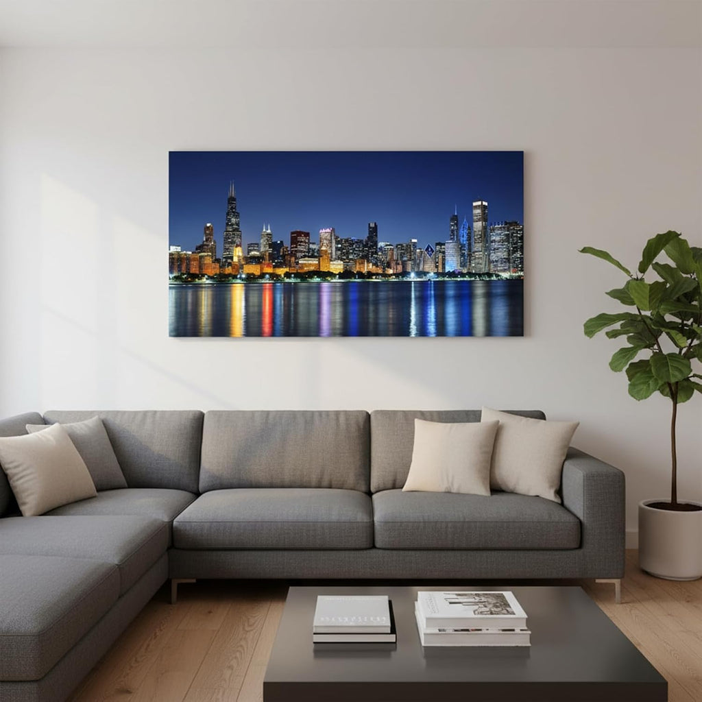 Large Canvas Wall Art Chicago Skyline, Oversized Colorful Blue Night View USA Cityscape Painting, Modern Panoramic