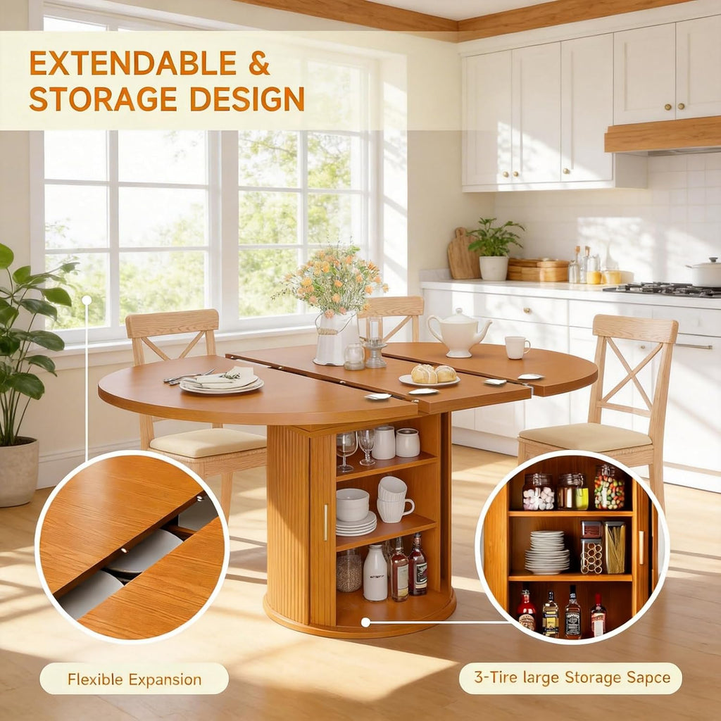 Extendable Round Dining Table: 47″ - 63″ Kitchen Table for 4 6 8 with Dust-Proof 2-Tier Storage Shelf Space Saving