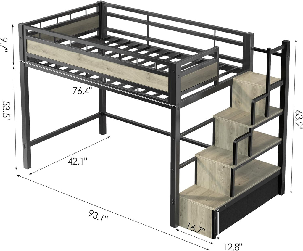 Loft Bed Twin with Stairs, 53.5” Under-Space for Sofa and Desk, More Stable and Safe Industrial Metal Frame for Teens
