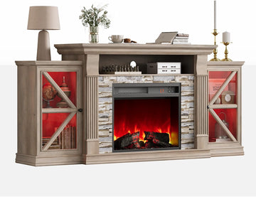 Electric Fireplace TV Stand, 70" Farmhouse Entertainment Center with Open Shelf and Glass Barn Door Cabniet