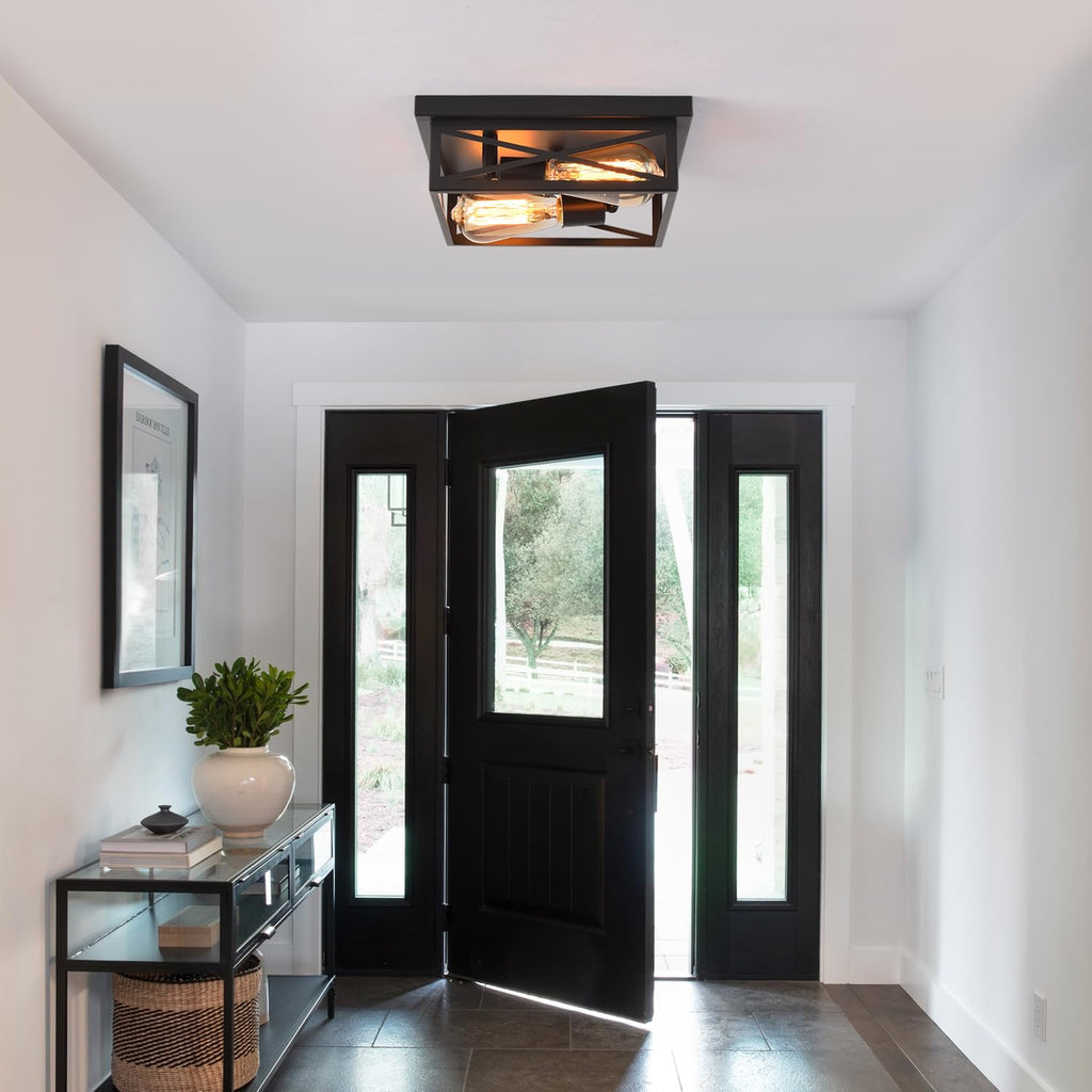 Black Flush Mount Ceiling Light, Hallway Light Ceiling Mount, Industrial Vintage Metal Cage Close to Ceiling Lights