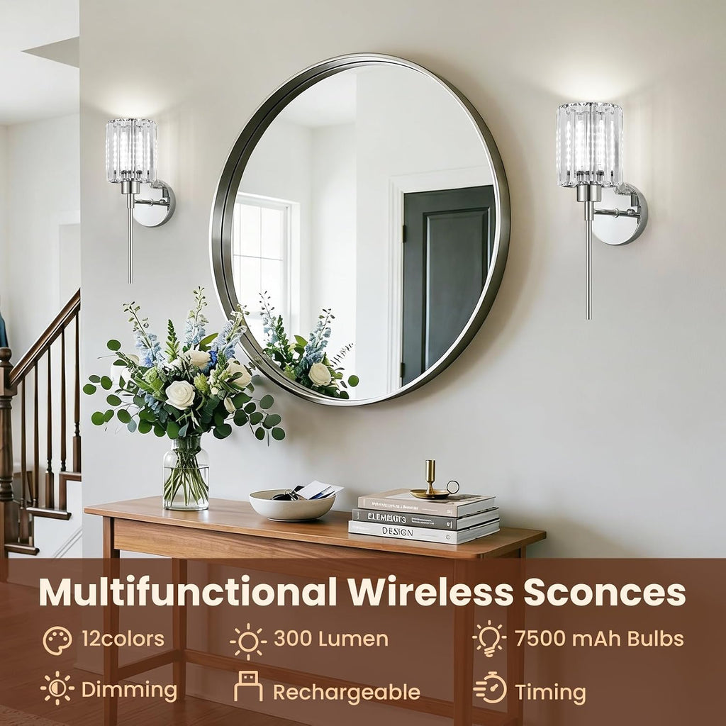 2-Pack Crystal Battery Operated Wall Sconces, Chrome Rechargeable Wireless Wall Sconce Lights with Dimmable Bulbs and Remote, 12 Colors and 3CCT Dimmable Crystal Lamps for Living Bedroom Dining