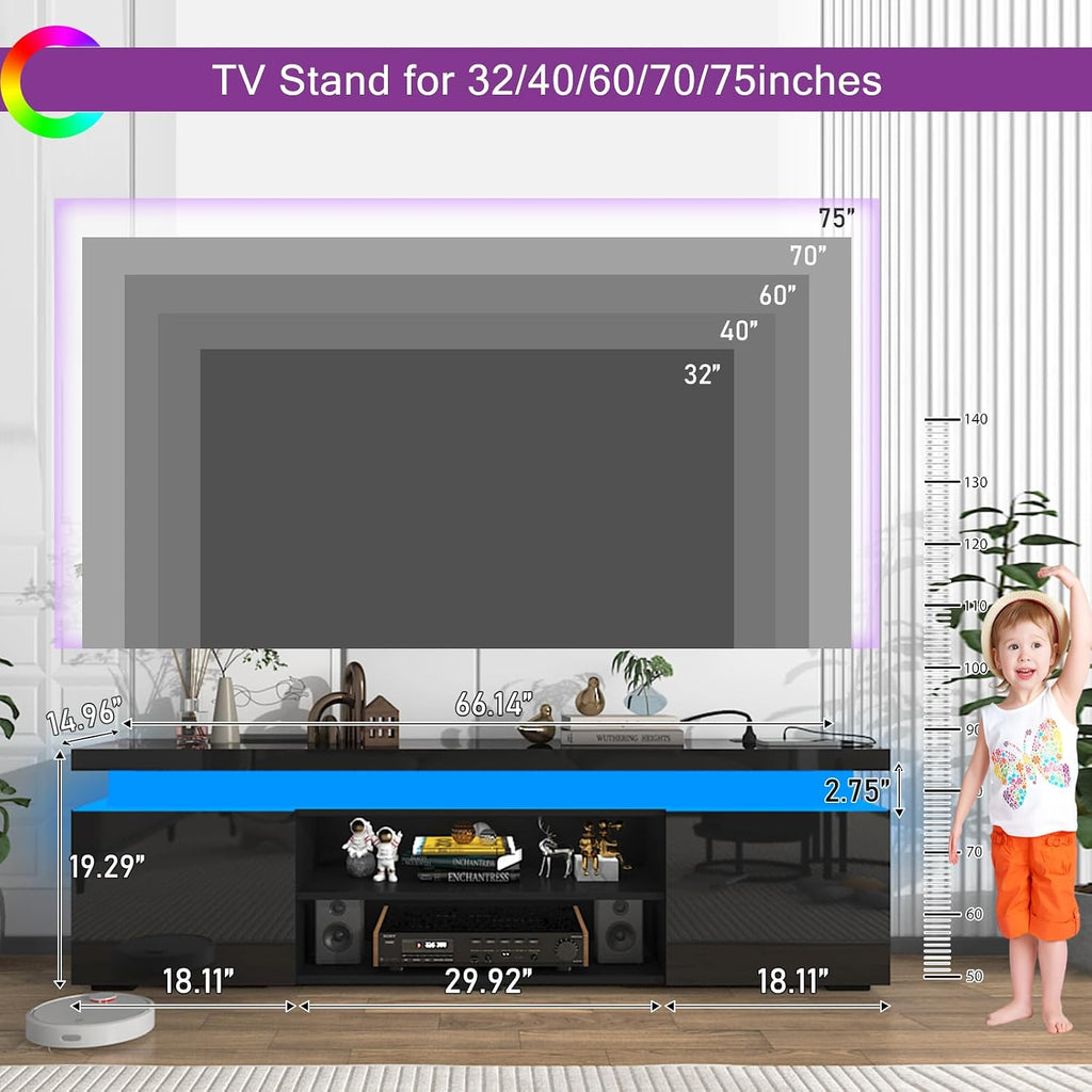 LED TV Stand for 75 Inch TV, Modern TV Stand with Power Outlet, High Gloss TV Console Entertainment Center with Storage and LED Lights for Living Room, Bedroom (66 Inch, Black)