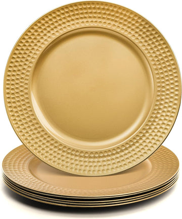 Gold Charger Plates, 13 Inch Round Charger Plates with Hammered Rim, Plastic Charger Plate for Wedding Dinner - Set of 12