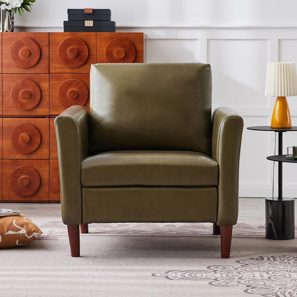 Accent Chair , Mid Century Modern Upholstered PU Leather Armchair with Rolled Arms and Deep Seat, Reading Chair and